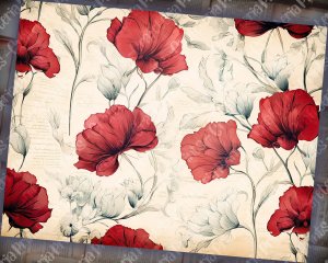 Watercolor Illustration Lined Paper Poppies Floral Theme Vintage Flowers Wallpaper for Junk Journal, High Quality, Digital Planners