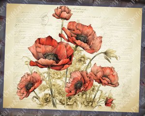 Watercolor Illustration Lined Paper Poppies Floral Theme Vintage Flowers Wallpaper for Junk Journal, High Quality, Digital Planners