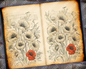 Watercolor Illustration Lined Paper Poppies Floral Theme Vintage Flowers Wallpaper for Junk Journal, High Quality, Digital Planners