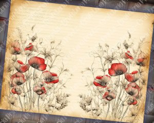 Watercolor Illustration Lined Paper Poppies Floral Theme Vintage Flowers Wallpaper for Junk Journal, High Quality, Digital Planners