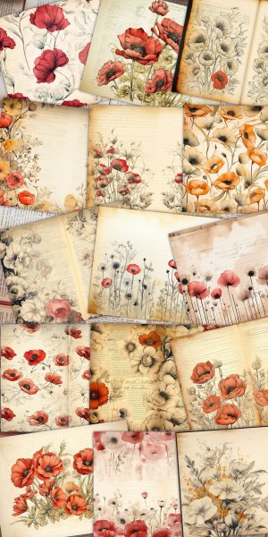 Watercolor Illustration Lined Paper Poppies Floral Theme Vintage Flowers Wallpaper for Junk Journal, High Quality, Digital Planners