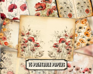 Watercolor Illustration Lined Paper Poppies Floral Theme Vintage Flowers Wallpaper for Junk Journal, High Quality, Digital Planners