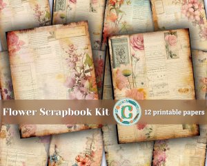 12 papers | Flower Themed Scrapbooking Kit | Printable Pages | Shabby Chic Journaling Kit | Colorful Background | Intricate Details