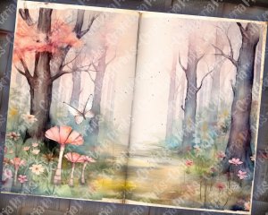 Spring Forest Digital Junk Journal Background, Fairy Forest Collage Printable, Watercolor Illustration, Perfect for Invitations