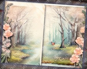 Spring Forest Digital Junk Journal Background, Fairy Forest Collage Printable, Watercolor Illustration, Perfect for Invitations