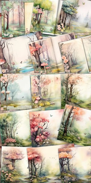 Spring Forest Digital Junk Journal Background, Fairy Forest Collage Printable, Watercolor Illustration, Perfect for Invitations