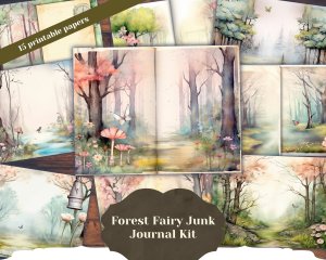 Spring Forest Digital Junk Journal Background, Fairy Forest Collage Printable, Watercolor Illustration, Perfect for Invitations