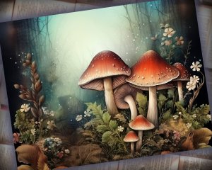 16 Papers | Wild Mushrooms Background | Deep Forest Colorful | Fairy Tale Watercolor Illustration | Shabby Chic Ephemera | Scrapbooking Kit