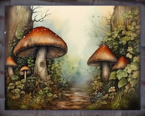 16 Papers | Wild Mushrooms Background | Deep Forest Colorful | Fairy Tale Watercolor Illustration | Shabby Chic Ephemera | Scrapbooking Kit