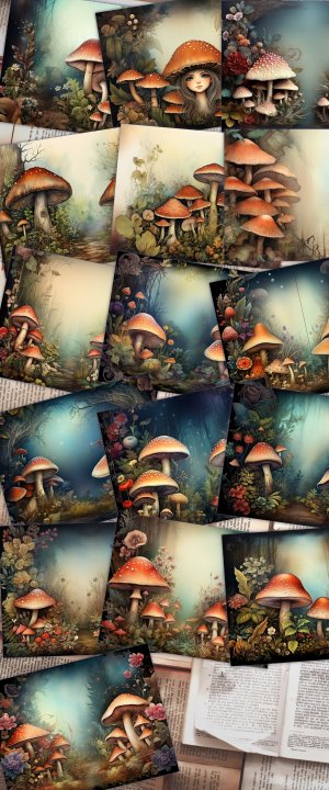 16 Papers | Wild Mushrooms Background | Deep Forest Colorful | Fairy Tale Watercolor Illustration | Shabby Chic Ephemera | Scrapbooking Kit