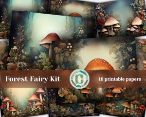 16 Papers | Wild Mushrooms Background | Deep Forest Colorful | Fairy Tale Watercolor Illustration | Shabby Chic Ephemera | Scrapbooking Kit