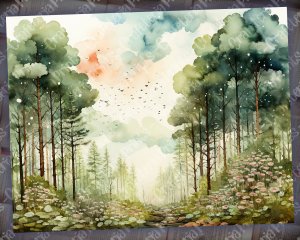 Watercolor Pastel Forest Background Digital Scrapbook Pages - Nature Journal Paper, Junk Journal Wallpaper, Invitations, Planners