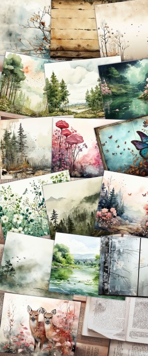 Watercolor Pastel Forest Background Digital Scrapbook Pages - Nature Journal Paper, Junk Journal Wallpaper, Invitations, Planners