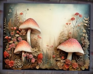 16 Papers | Wild Mushrooms Background, Deep Forest & Colorful Illustration | Scrapbooking, Junk Journal Kit, Shabby Chic Ephemera