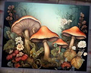 16 Papers | Wild Mushrooms Background, Deep Forest & Colorful Illustration | Scrapbooking, Junk Journal Kit, Shabby Chic Ephemera