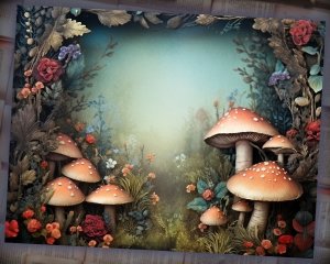 16 Papers | Wild Mushrooms Background, Deep Forest & Colorful Illustration | Scrapbooking, Junk Journal Kit, Shabby Chic Ephemera