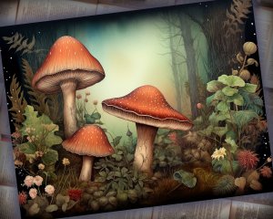 16 Papers | Wild Mushrooms Background, Deep Forest & Colorful Illustration | Scrapbooking, Junk Journal Kit, Shabby Chic Ephemera