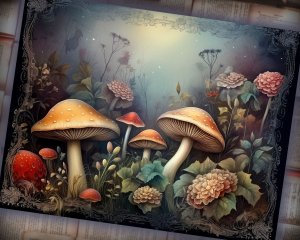 16 Papers | Wild Mushrooms Background, Deep Forest & Colorful Illustration | Scrapbooking, Junk Journal Kit, Shabby Chic Ephemera