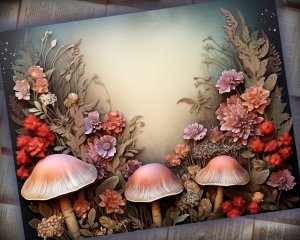 16 Papers | Wild Mushrooms Background, Deep Forest & Colorful Illustration | Scrapbooking, Junk Journal Kit, Shabby Chic Ephemera