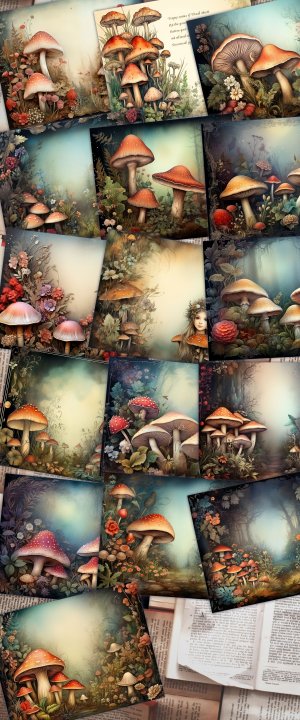 16 Papers | Wild Mushrooms Background, Deep Forest & Colorful Illustration | Scrapbooking, Junk Journal Kit, Shabby Chic Ephemera