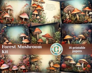 16 Papers | Wild Mushrooms Background, Deep Forest & Colorful Illustration | Scrapbooking, Junk Journal Kit, Shabby Chic Ephemera