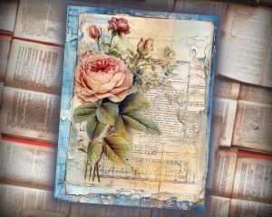 12 Papers | Fantasy French Junk Journal Kit, Watercolor Pale Blue Peonies & Roses, Vintage Scrapbooking Kit, Shabby Chic Printable Pages