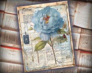 12 Papers | Fantasy French Junk Journal Kit, Watercolor Pale Blue Peonies & Roses, Vintage Scrapbooking Kit, Shabby Chic Printable Pages