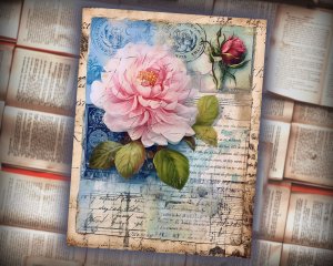 12 Papers | Fantasy French Junk Journal Kit, Watercolor Pale Blue Peonies & Roses, Vintage Scrapbooking Kit, Shabby Chic Printable Pages