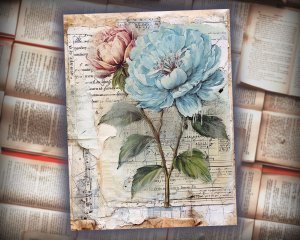 12 Papers | Fantasy French Junk Journal Kit, Watercolor Pale Blue Peonies & Roses, Vintage Scrapbooking Kit, Shabby Chic Printable Pages