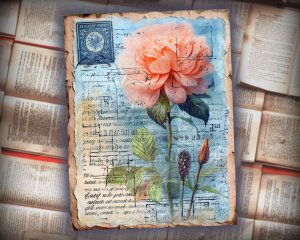 12 Papers | Fantasy French Junk Journal Kit, Watercolor Pale Blue Peonies & Roses, Vintage Scrapbooking Kit, Shabby Chic Printable Pages