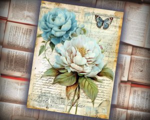 12 Papers | Fantasy French Junk Journal Kit, Watercolor Pale Blue Peonies & Roses, Vintage Scrapbooking Kit, Shabby Chic Printable Pages