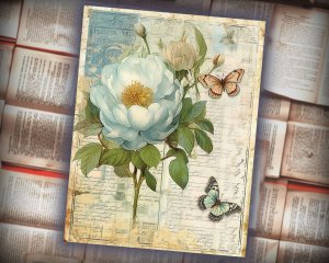 12 Papers | Fantasy French Junk Journal Kit, Watercolor Pale Blue Peonies & Roses, Vintage Scrapbooking Kit, Shabby Chic Printable Pages