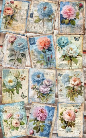 12 Papers | Fantasy French Junk Journal Kit, Watercolor Pale Blue Peonies & Roses, Vintage Scrapbooking Kit, Shabby Chic Printable Pages