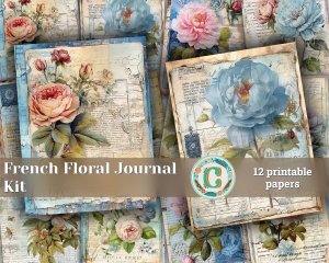 12 Papers | Fantasy French Junk Journal Kit, Watercolor Pale Blue Peonies & Roses, Vintage Scrapbooking Kit, Shabby Chic Printable Pages