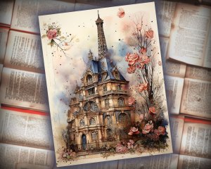 12 papers | Vintage French Themed Scrapbooking Kit | Printable Pages | Shabby Chic Ephemera | Fairy Tale Watercolor Illustrations