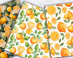 Cartoon Orange and Lemon Digital Paper Set with Seamless Texture Patterns - Fun Fruit Clipart for Digital Scrapbooking and Crafts