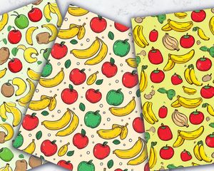 Apple & Banana Clipart, Doodle Style Watercolor Illustration, Seamless Texture, Big Elements, Empty Space, Light Background, High Quality