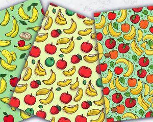 Apple & Banana Clipart, Doodle Style Watercolor Illustration, Seamless Texture, Big Elements, Empty Space, Light Background, High Quality