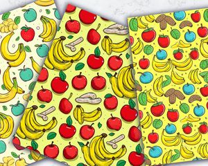 Apple & Banana Clipart, Doodle Style Watercolor Illustration, Seamless Texture, Big Elements, Empty Space, Light Background, High Quality