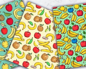 Apple & Banana Clipart, Doodle Style Watercolor Illustration, Seamless Texture, Big Elements, Empty Space, Light Background, High Quality