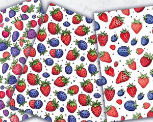 Strawberry & Blueberry Digital Pattern Paper with Cute Doodle Style Watercolor Illustration, Seamless Texture, Big Elements, Vivid Colors