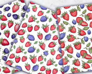 Strawberry & Blueberry Digital Pattern Paper with Cute Doodle Style Watercolor Illustration, Seamless Texture, Big Elements, Vivid Colors