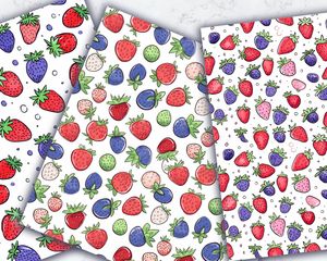 Strawberry & Blueberry Digital Pattern Paper with Cute Doodle Style Watercolor Illustration, Seamless Texture, Big Elements, Vivid Colors