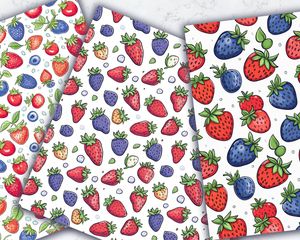 Strawberry & Blueberry Digital Pattern Paper with Cute Doodle Style Watercolor Illustration, Seamless Texture, Big Elements, Vivid Colors