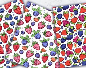 Strawberry & Blueberry Digital Pattern Paper with Cute Doodle Style Watercolor Illustration, Seamless Texture, Big Elements, Vivid Colors