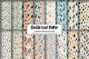 Nature-inspired Gentle Leaf Digital Paper, watercolor illustration style, minimalistic line art with limited colors, perfect for crafts