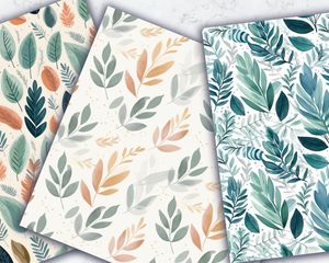 Nature-inspired Gentle Leaf Digital Paper, watercolor illustration style, minimalistic line art with limited colors, perfect for crafts