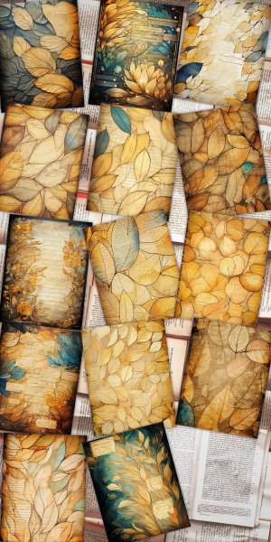 14 pages of Stained Glass Golden Leaves shabby chic ephemera scrapbooking background, perfect for invitations, digital planners, journaling