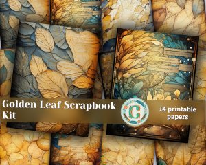 14 pages of Stained Glass Golden Leaves shabby chic ephemera scrapbooking background, perfect for invitations, digital planners, journaling