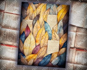 14 pages of Stained Glass Golden Leaves shabby chic ephemera scrapbooking background, perfect for invitations, digital planners, journaling